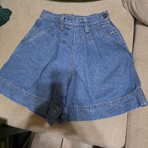 High-Rise Blue Denim Jean Shorts with Pleated Front